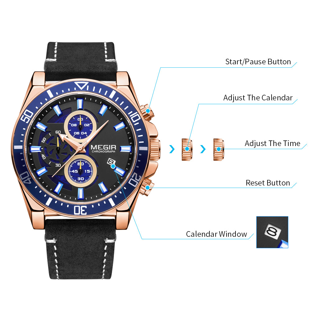 MEGIR Fashion Watches for Men Leather Strap Sport Military Wristwatch Man Quartz Watch Waterproof Chronograph with Calendar 2132